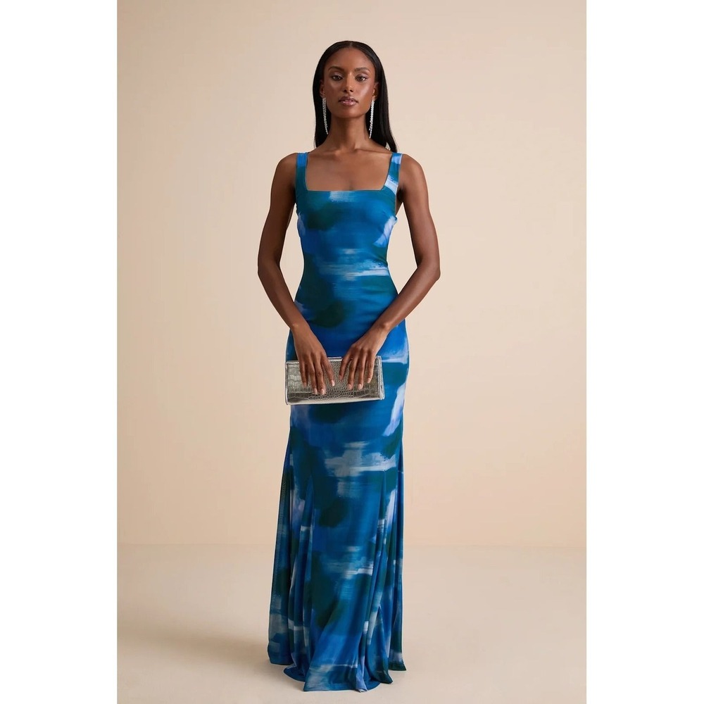 Lulus NWT Zemina Blue Abstract Godet Pleated Mermaid Maxi Dress - Size XS
